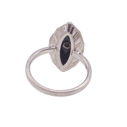 Vintage 1970s Art Deco Revival Black Onyx, Sterling, and Diamond Marquise Ring Size 7