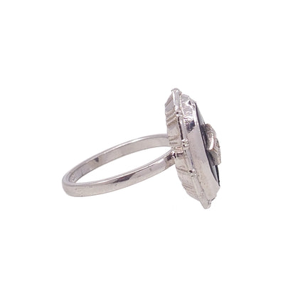 Vintage 1970s Art Deco Revival Black Onyx, Sterling, and Diamond Marquise Ring Size 7