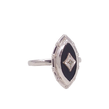 Vintage 1970s Art Deco Revival Black Onyx, Sterling, and Diamond Marquise Ring Size 7