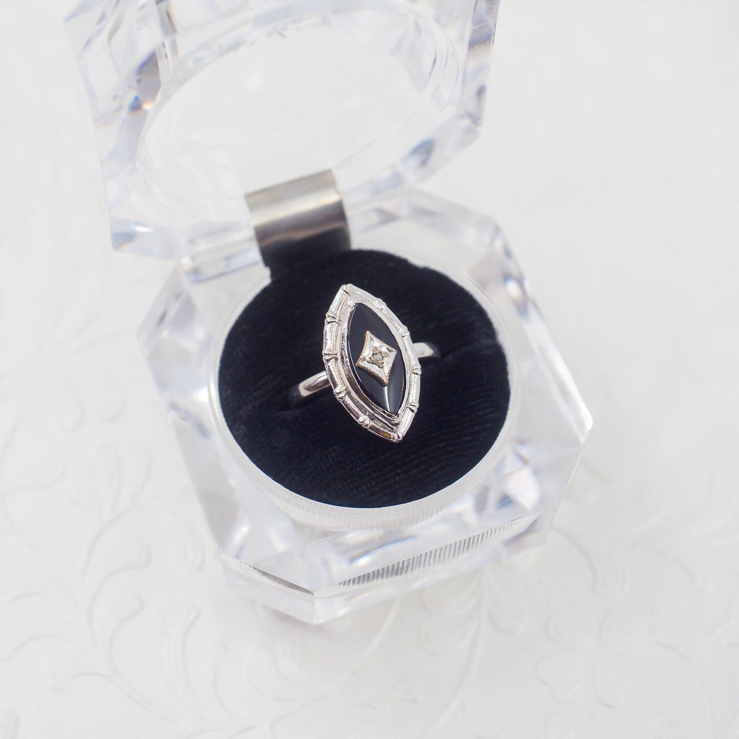 Vintage 1970s Art Deco Revival Black Onyx, Sterling, and Diamond Marquise Ring Size 7