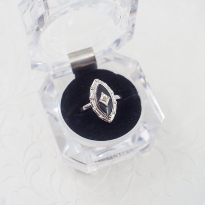 Vintage 1970s Art Deco Revival Black Onyx, Sterling, and Diamond Marquise Ring Size 7