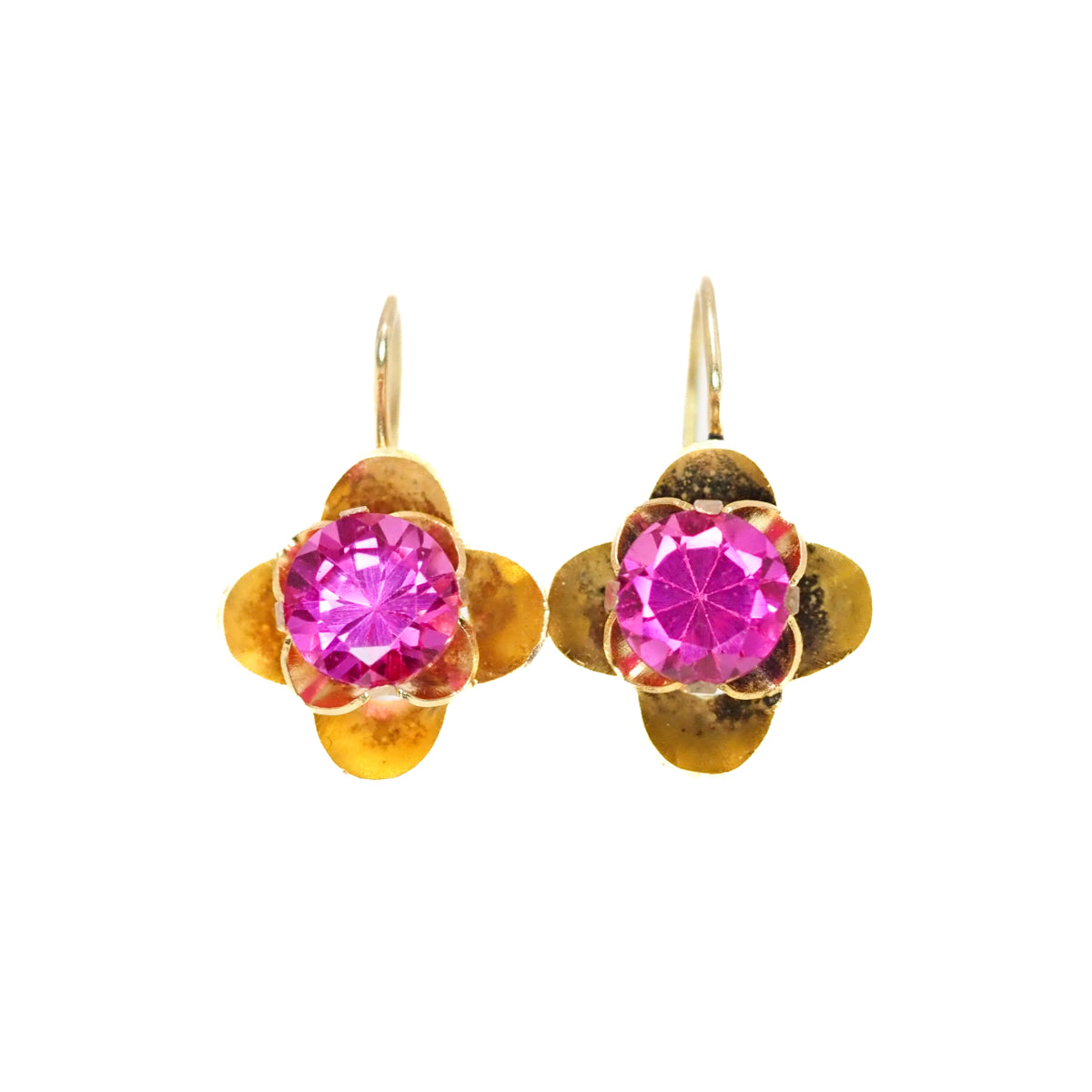 Antique 1910s Edwardian 1.92ct Lab Pink Sapphire and 10K Yellow Gold Kidney Wire Pierced Drop Earrings image 0