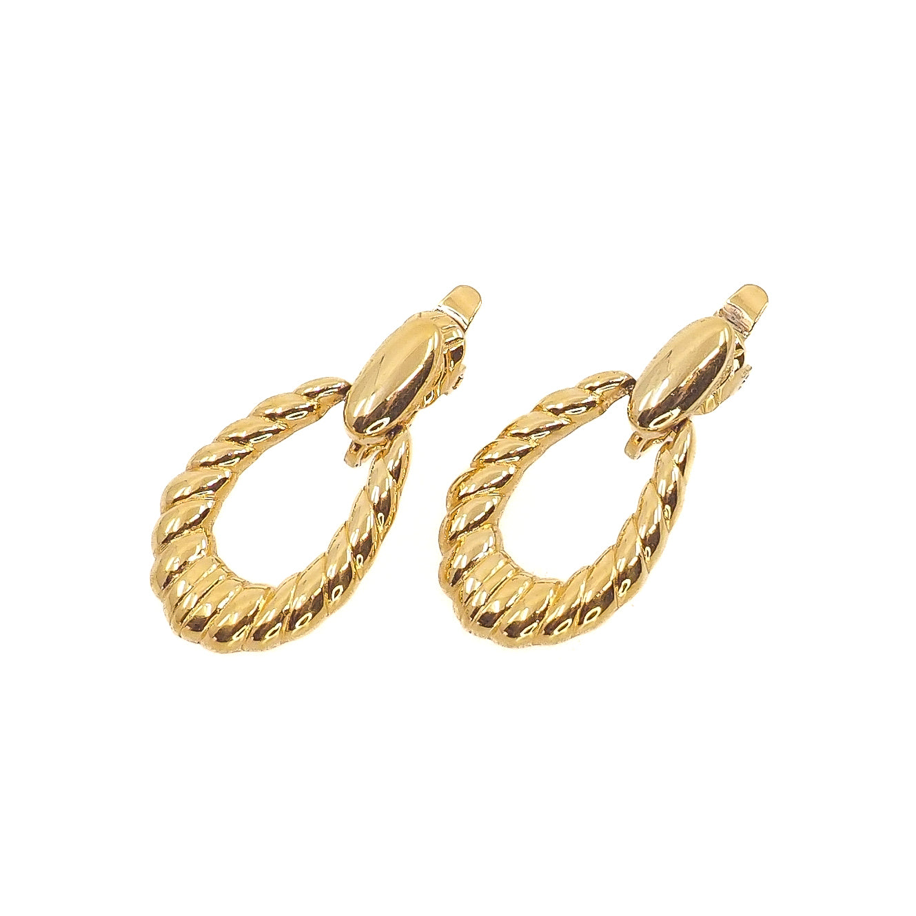 Vintage 1980s TRIFARI Hoop Earrings - Yellow Gold Plate Dangle Hoop Clip On Earrings - Non Pierced Gold Costume Hoop Earrings