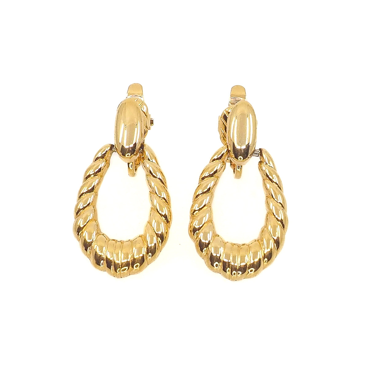 Vintage 1980s TRIFARI Hoop Earrings - Yellow Gold Plate Dangle Hoop Clip On Earrings - Non Pierced Gold Costume Hoop Earrings