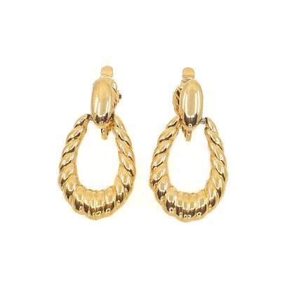 Vintage 1980s TRIFARI Hoop Earrings - Yellow Gold Plate Dangle Hoop Clip On Earrings - Non Pierced Gold Costume Hoop Earrings