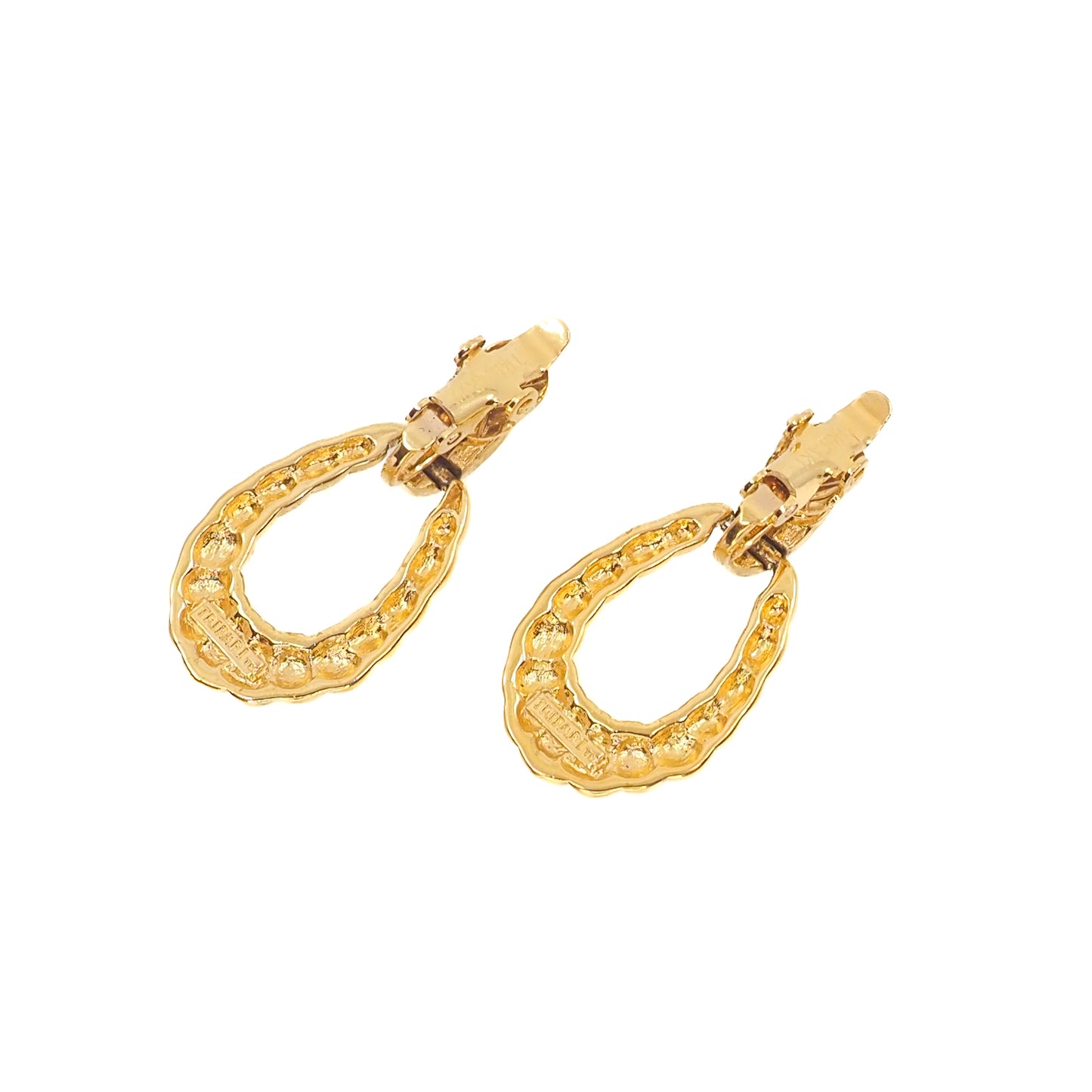 Vintage 1980s TRIFARI Hoop Earrings - Yellow Gold Plate Dangle Hoop Clip On Earrings - Non Pierced Gold Costume Hoop Earrings