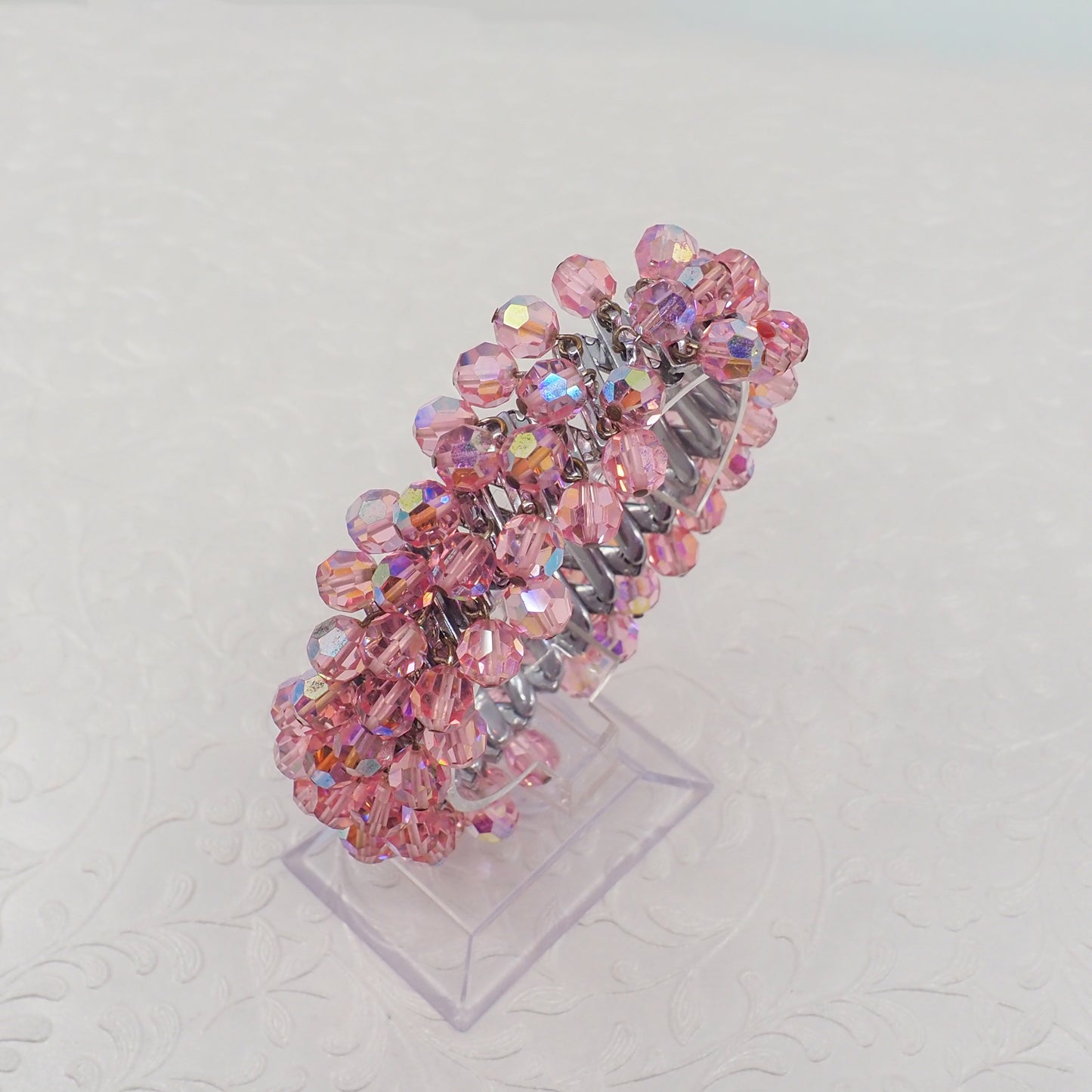 Vintage 1950s Cha-Cha Pink Aurora Borealis Bead Stretch Bracelet