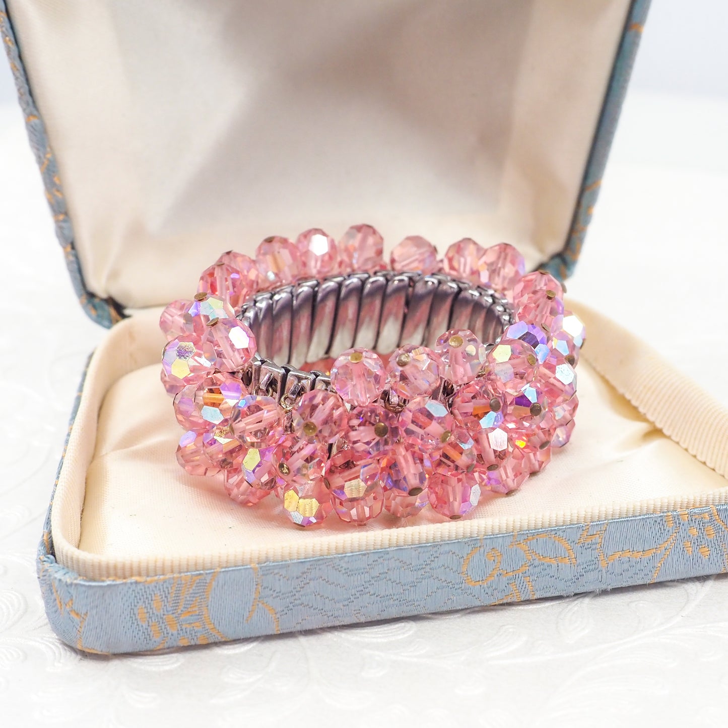 Vintage 1950s Cha-Cha Pink Aurora Borealis Bead Stretch Bracelet