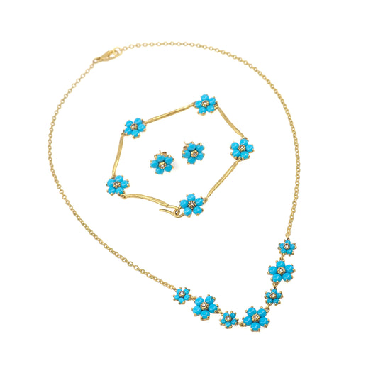 Vintage 1980s Metropolitan Museum of Art Lab Turquoise Blue Flower Jewelry Set