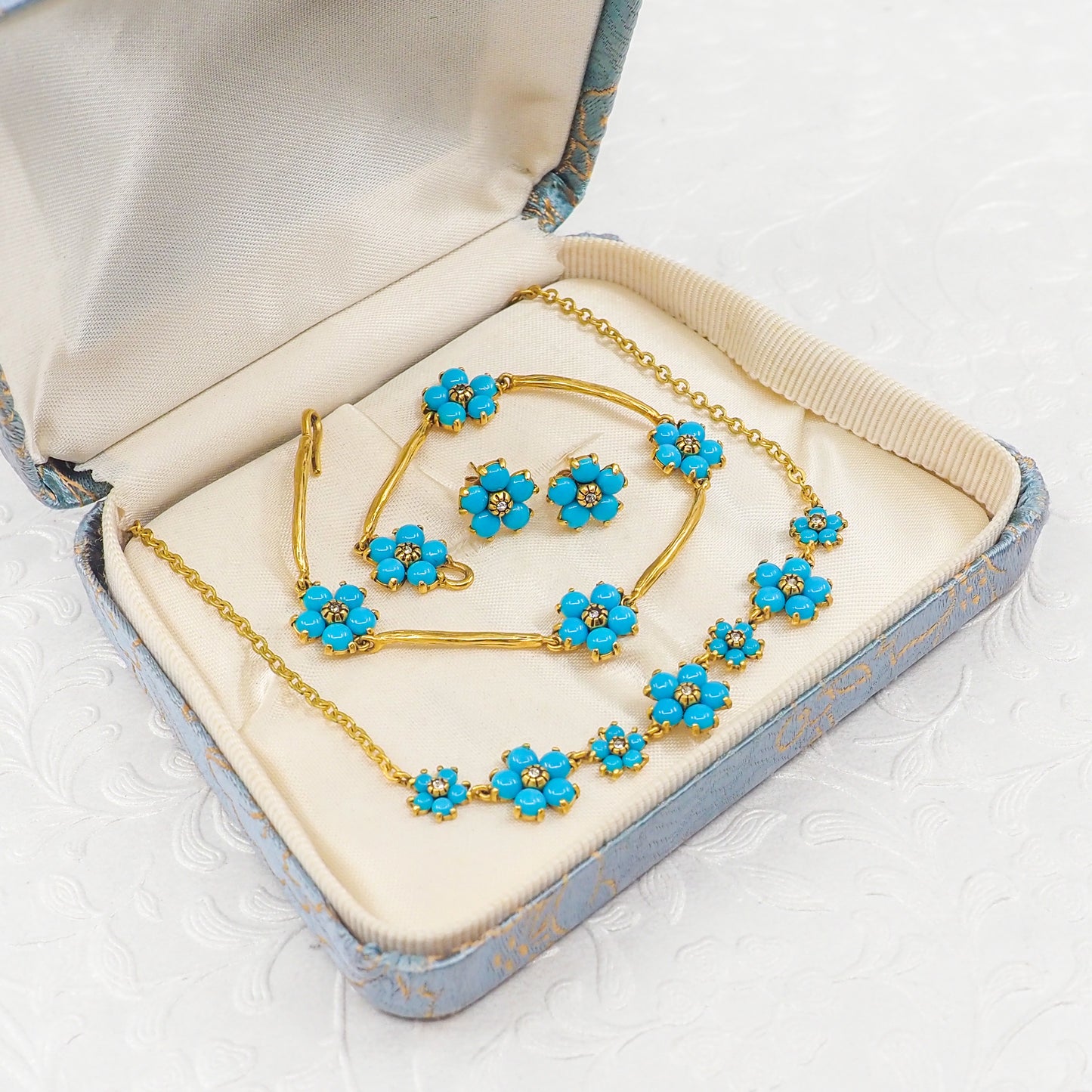 Vintage 1980er Metropolitan Museum of Art Lab Türkisblaues Blumenschmuck-Set