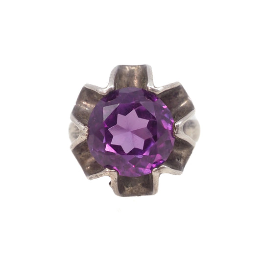 Vintage 1970s Purple Color Change Glass Flower Mexican Sterling Ring Size 7.75