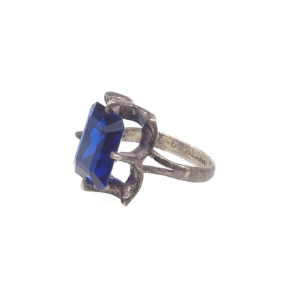 Vintage 1970s Blue Glass Sterling Statement Ring Size 6