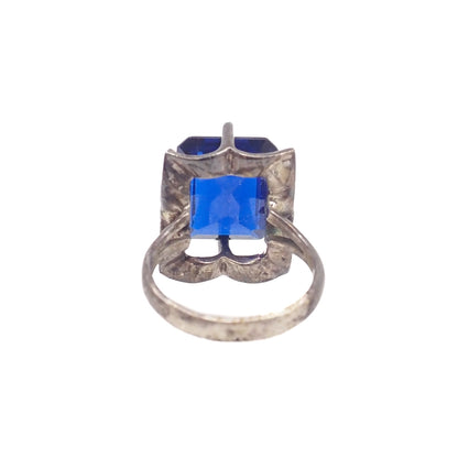 Vintage 1970s Blue Glass Sterling Statement Ring Size 6