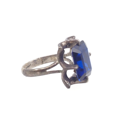 Vintage 1970s Blue Glass Sterling Statement Ring Size 6