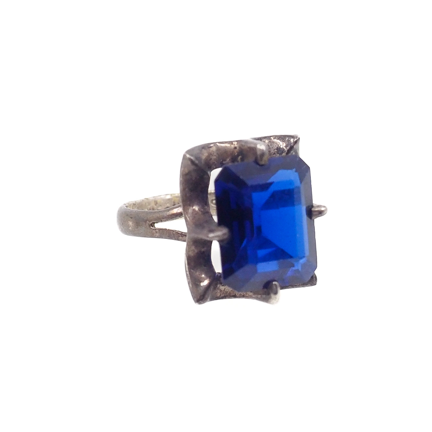 Vintage 1970s Blue Glass Sterling Statement Ring Size 6