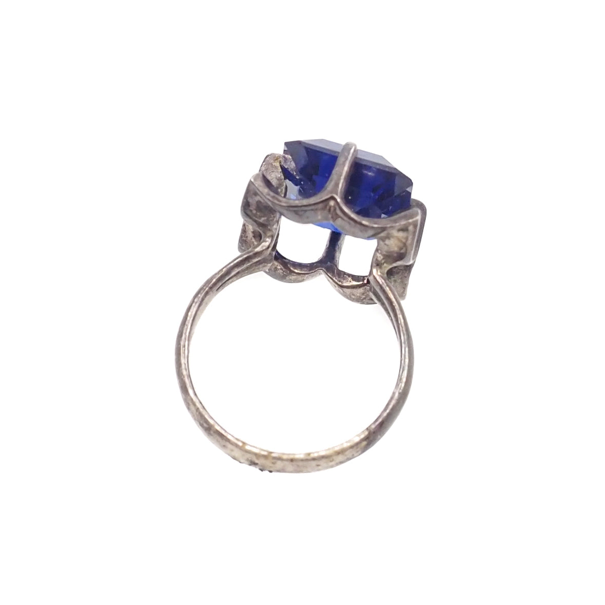 Vintage 1970s Blue Glass Sterling Statement Ring Size 6