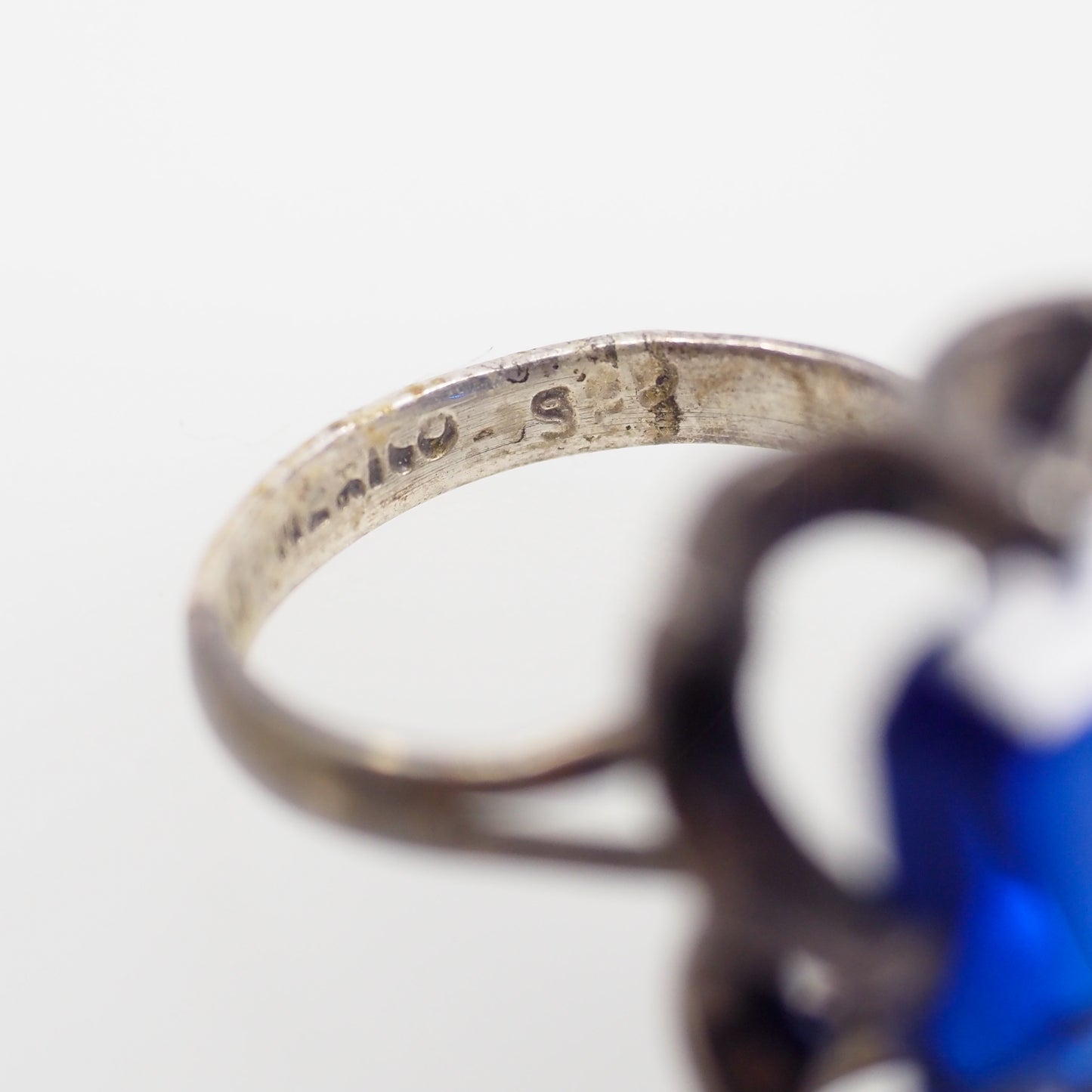 Vintage 1970s Blue Glass Sterling Statement Ring Size 6