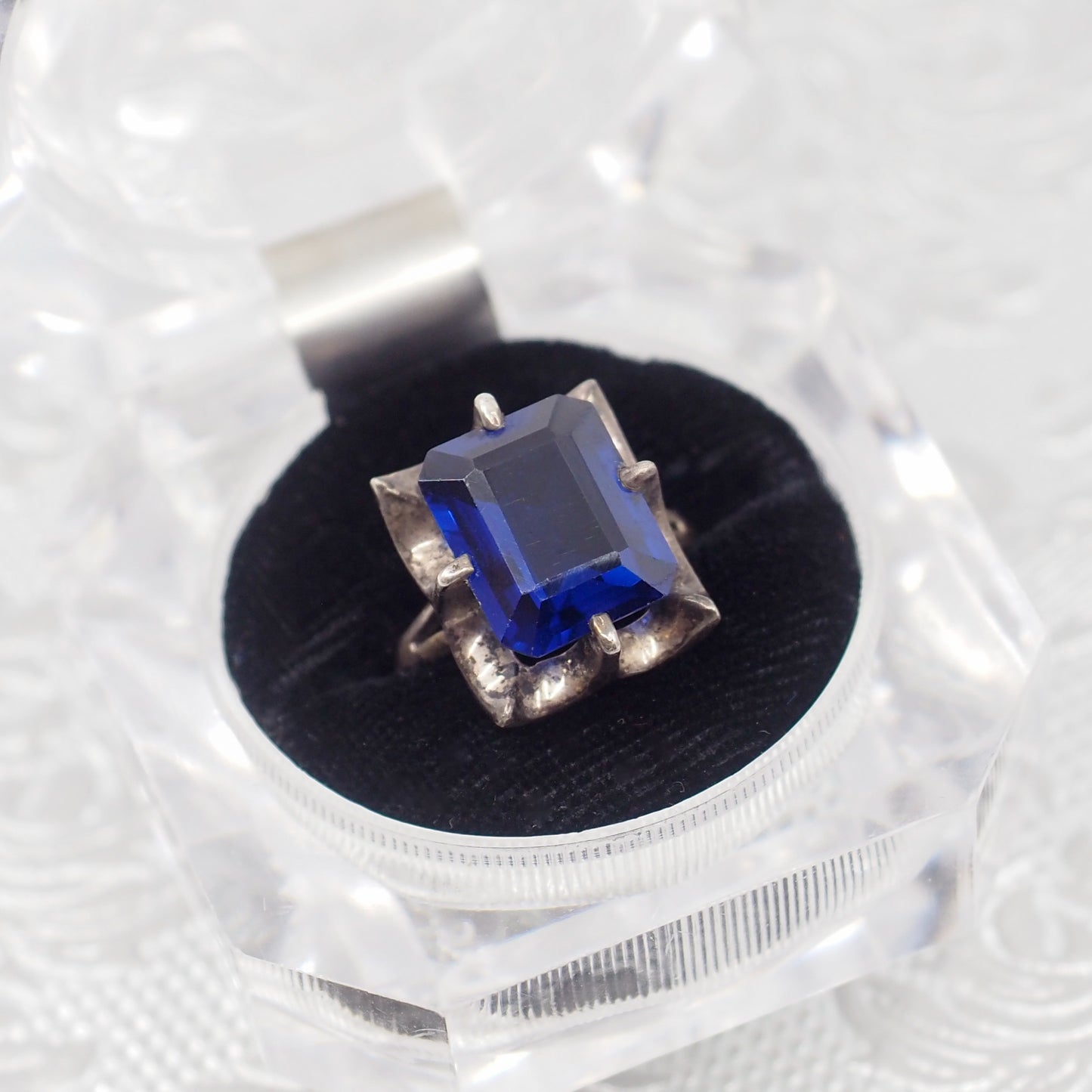 Vintage 1970s Blue Glass Sterling Statement Ring Size 6