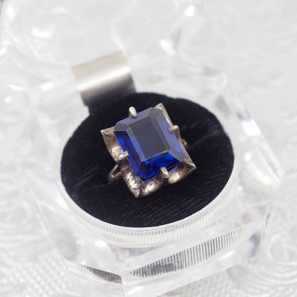 Vintage 1970s Blue Glass Sterling Statement Ring Size 6