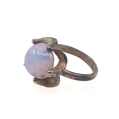 Vintage 1970s Opalescent Glass Flower Mexican Sterling Ring Size 7