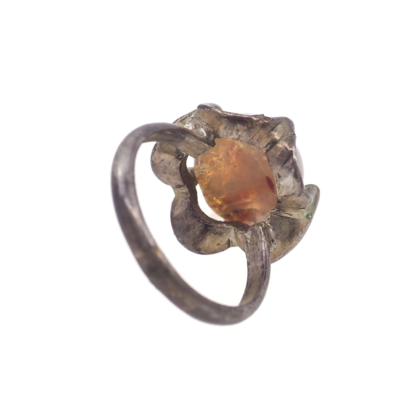 Vintage 1970s Opalescent Glass Flower Mexican Sterling Ring Size 7