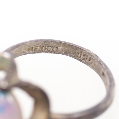 Vintage 1970s Opalescent Glass Flower Mexican Sterling Ring Size 7
