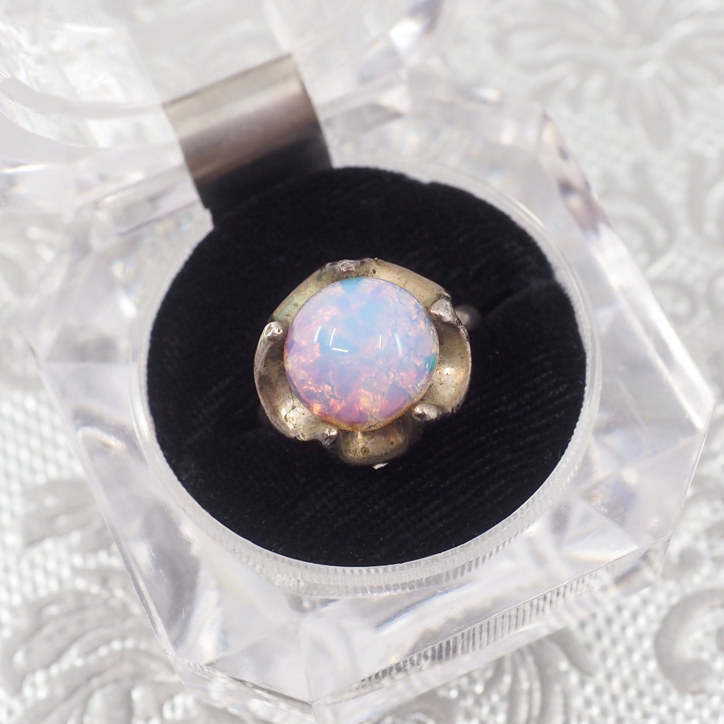 Vintage 1970s Opalescent Glass Flower Mexican Sterling Ring Size 7