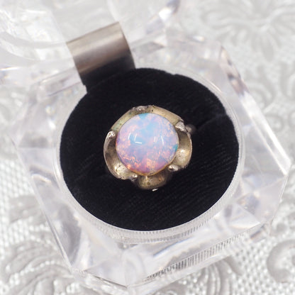 Vintage 1970s Opalescent Glass Flower Mexican Sterling Ring Size 7
