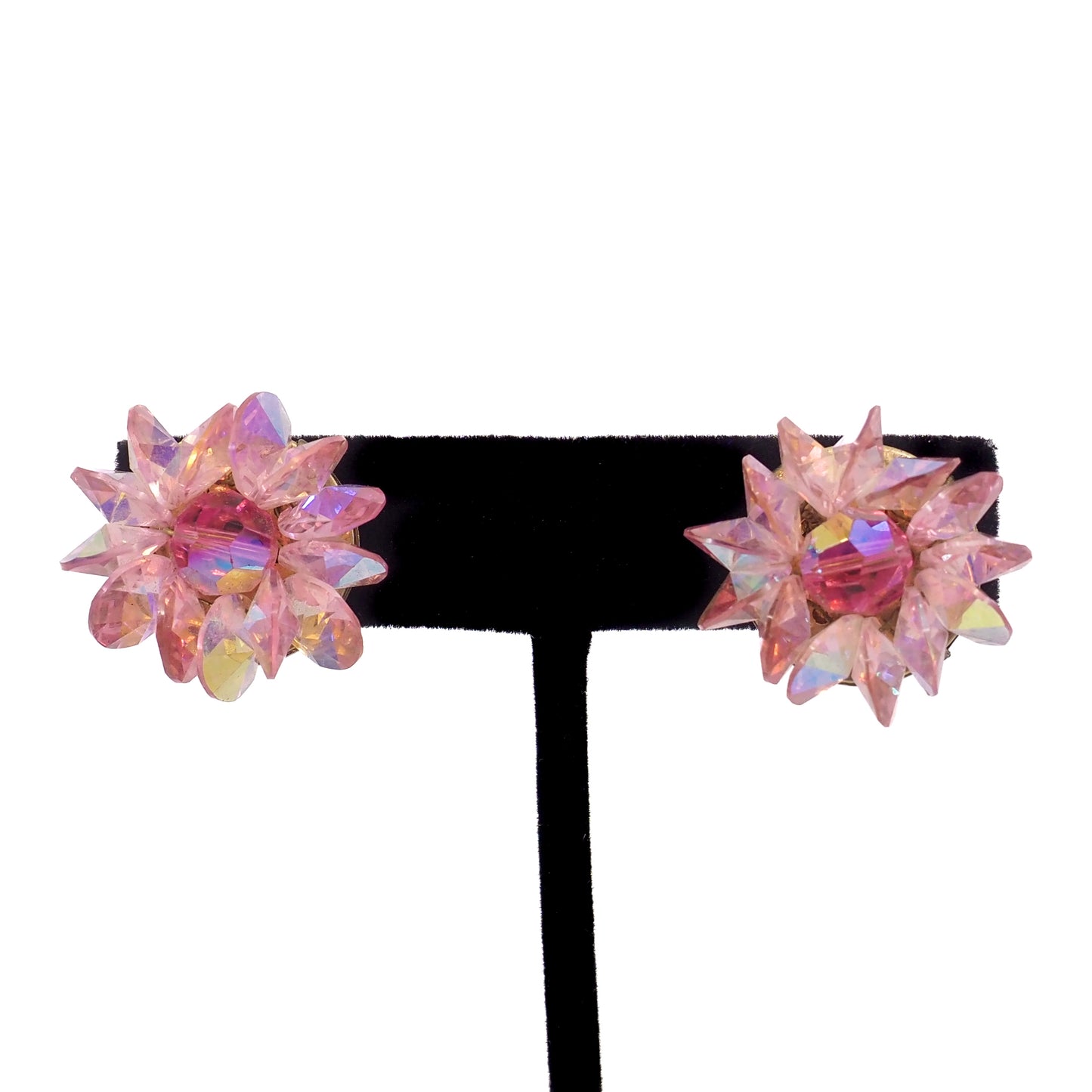 Vintage 1960s Pink Aurora Borealis Beaded Clip-On Earrings