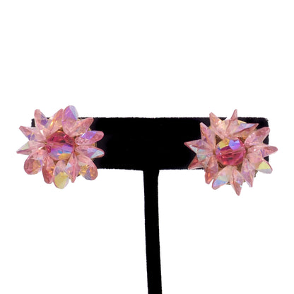 Vintage 1960s Pink Aurora Borealis Beaded Clip-On Earrings