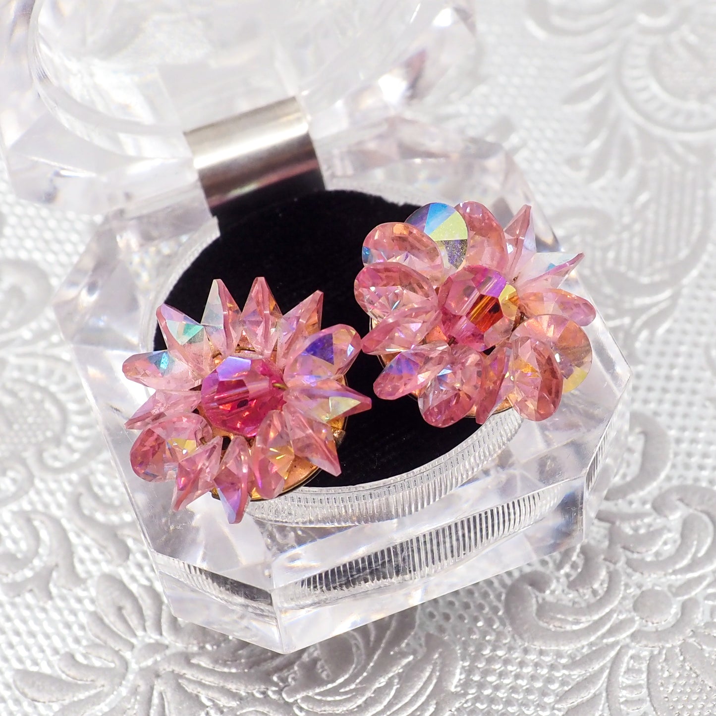 Vintage 1960s Pink Aurora Borealis Beaded Clip-On Earrings