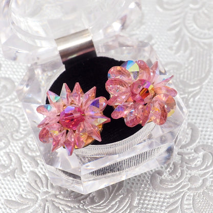 Vintage 1960s Pink Aurora Borealis Beaded Clip-On Earrings