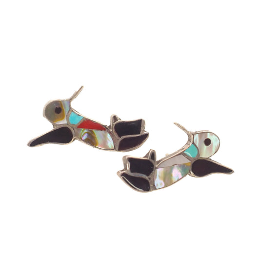 Vintage 1990s C.C. LEEKITY Zuni Sterling Silver Inlaid Gemstone Hummingbird Stud Earrings