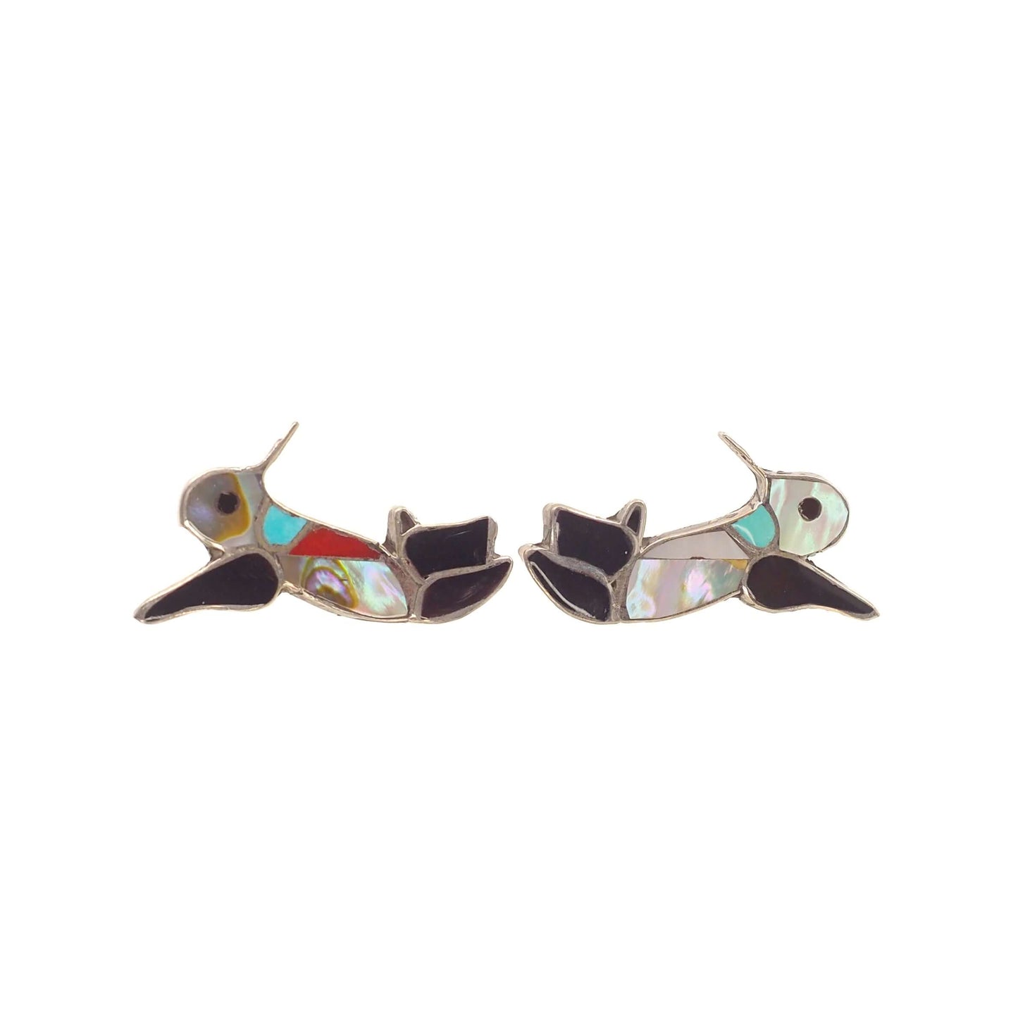 Vintage 1990s C.C. LEEKITY Zuni Sterling Silver Inlaid Gemstone Hummingbird Stud Earrings