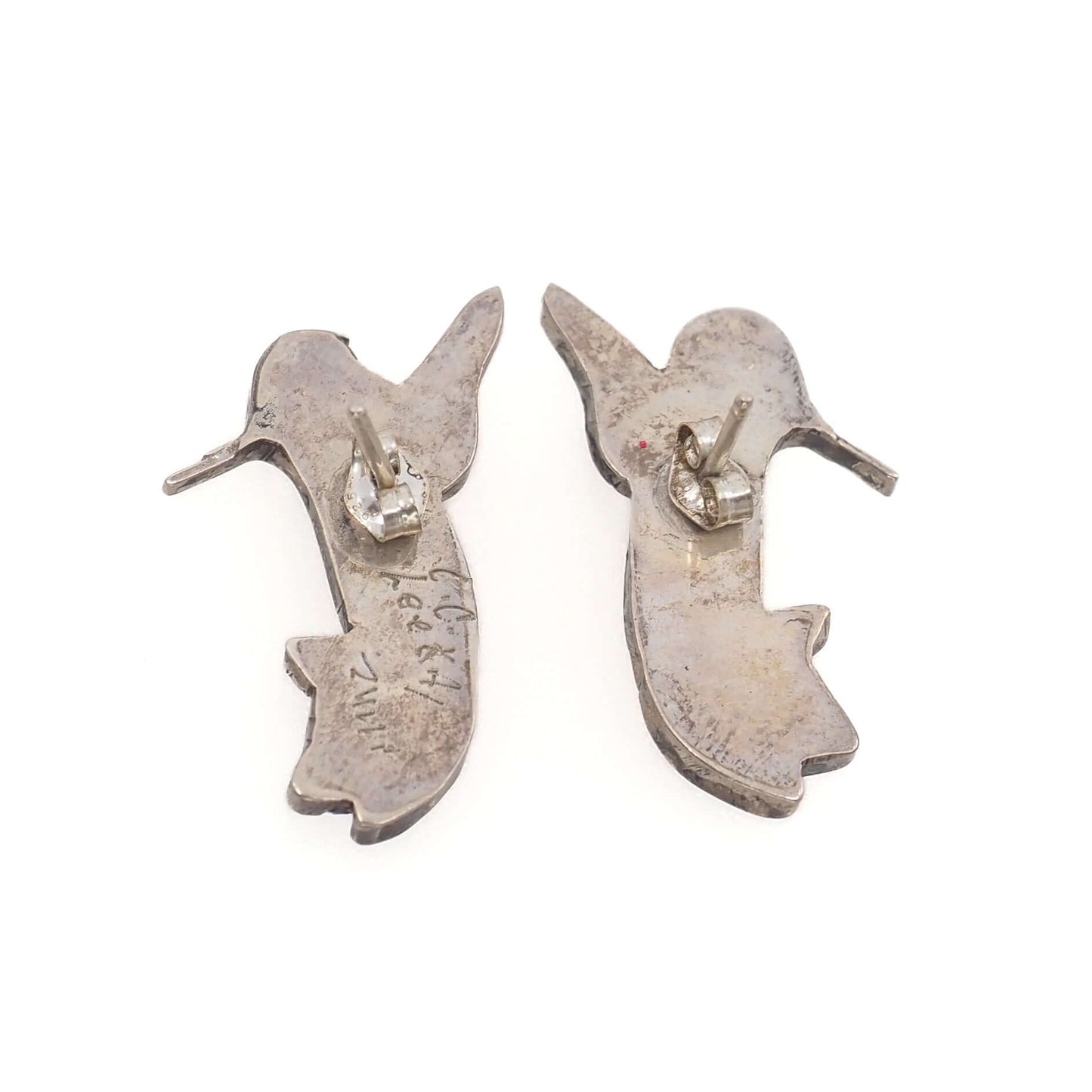 Vintage 1990s C.C. LEEKITY Zuni Sterling Silver Inlaid Gemstone Hummingbird Stud Earrings