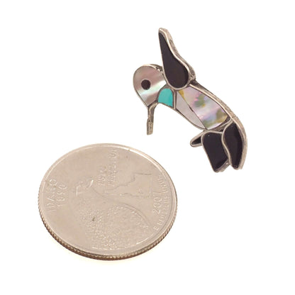 Vintage 1990s C.C. LEEKITY Zuni Sterling Silver Inlaid Gemstone Hummingbird Stud Earrings