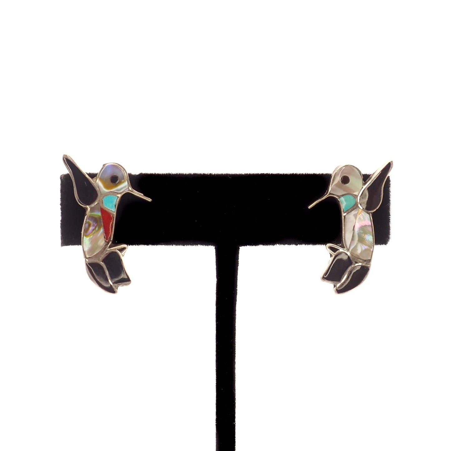 Vintage 1990s C.C. LEEKITY Zuni Sterling Silver Inlaid Gemstone Hummingbird Stud Earrings