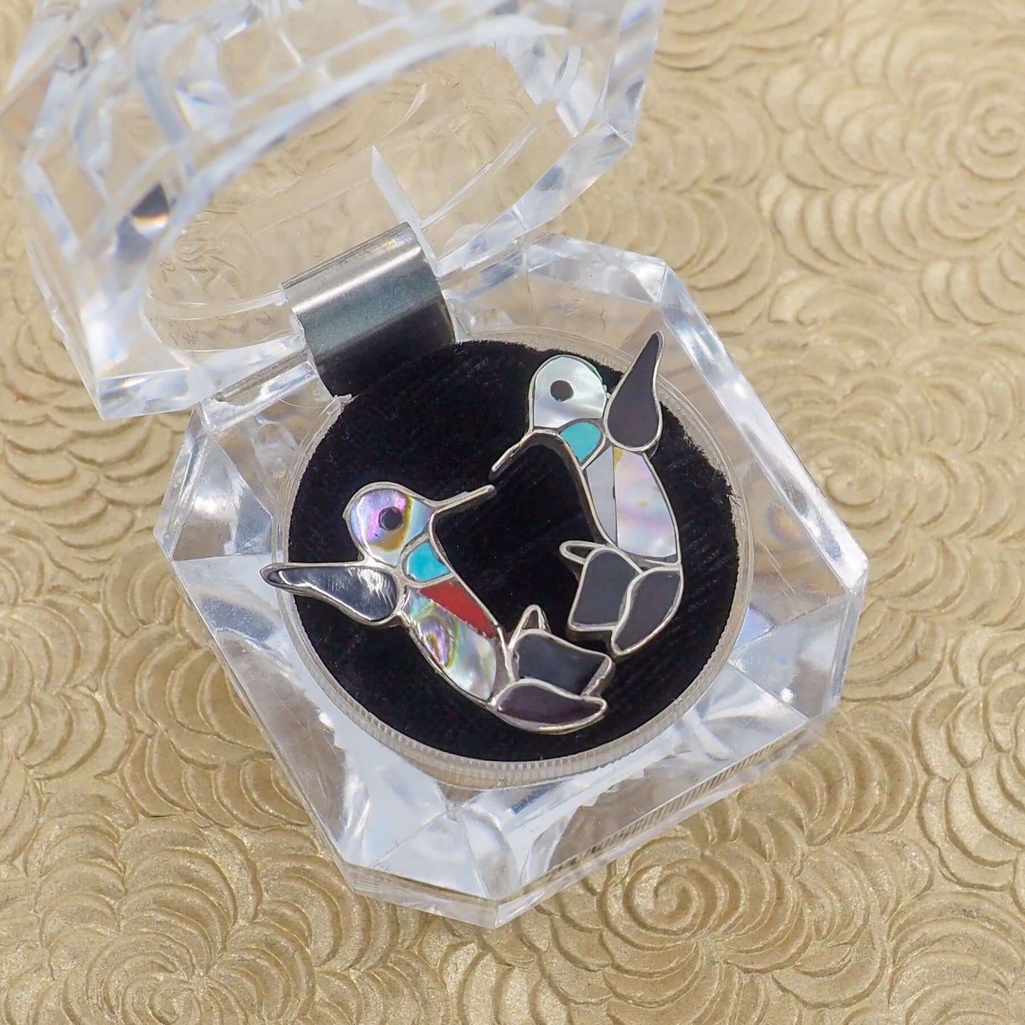 Vintage 1990s C.C. LEEKITY Zuni Sterling Silver Inlaid Gemstone Hummingbird Stud Earrings