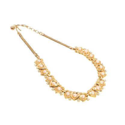 Vintage 1960s TRIFARI Imitation Pearl Gold Plate Heart Choker Necklace