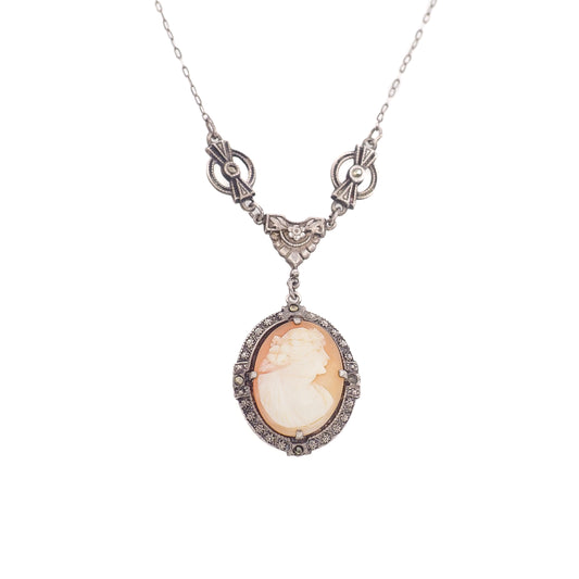 Antique 1920s Art Deco Cameo, Marcasite, Silver Necklace - Deco Shell Cameo, Sterling Silver and Marcasite Princess Length 18" Necklace