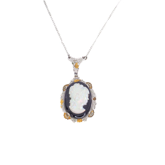 Antique 1920s Art Deco Iridescent Glass, Imitation Onyx, Gold Plate, and Sterling Silver Filigree 18" Necklace - Black Deco Necklace