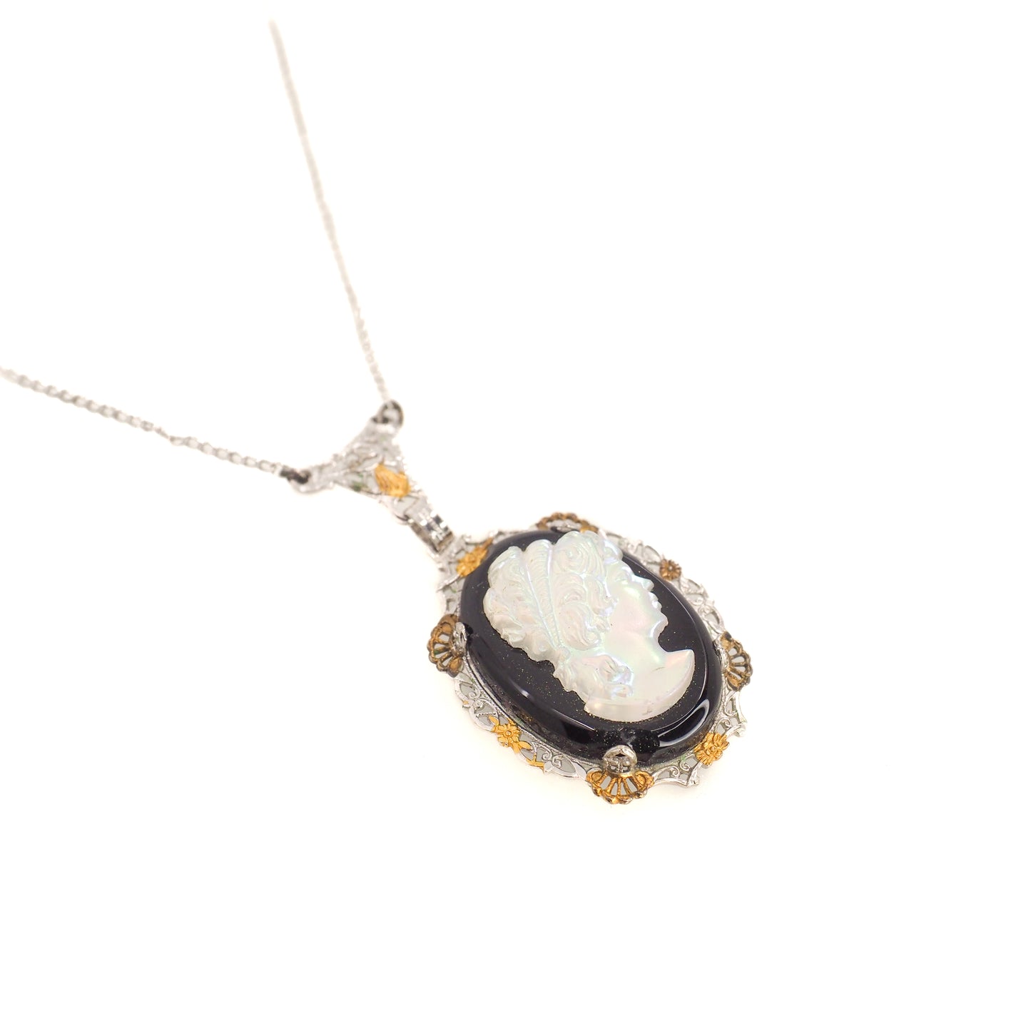 Antique 1920s Art Deco Iridescent Glass, Imitation Onyx, Gold Plate, and Sterling Silver Filigree 18" Necklace