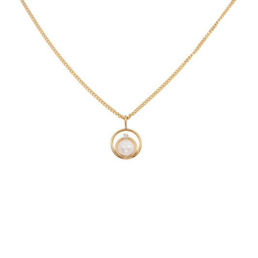 Vintage 1970s Japanese Cultured Akoya Pearl, Diamond, and Yellow Gold Filled 18" Necklace