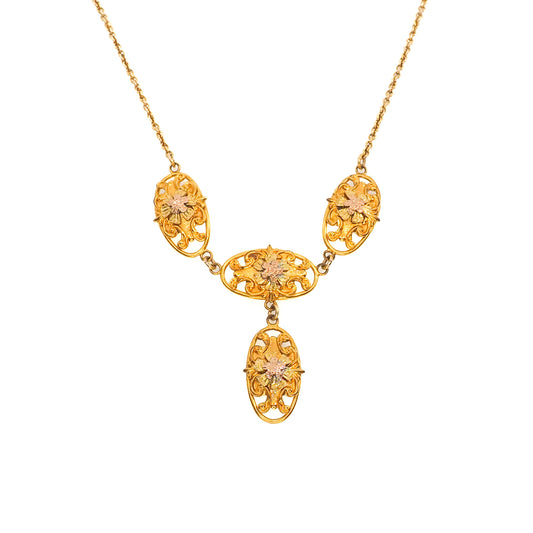 Vintage 1940s Retro Art Deco Yellow, Rose, and Green Gold Filled Floral Scroll 19" Necklace