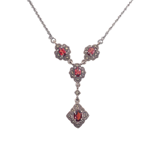 Vintage 1990s Oval-Cut Garnet, Marcasite, and Sterling Silver Choker 16" Necklace