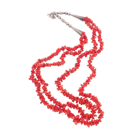 Vintage 1970s Southwestern Branch Coral and Sterling Silver Double Strand Statement 24" Necklace