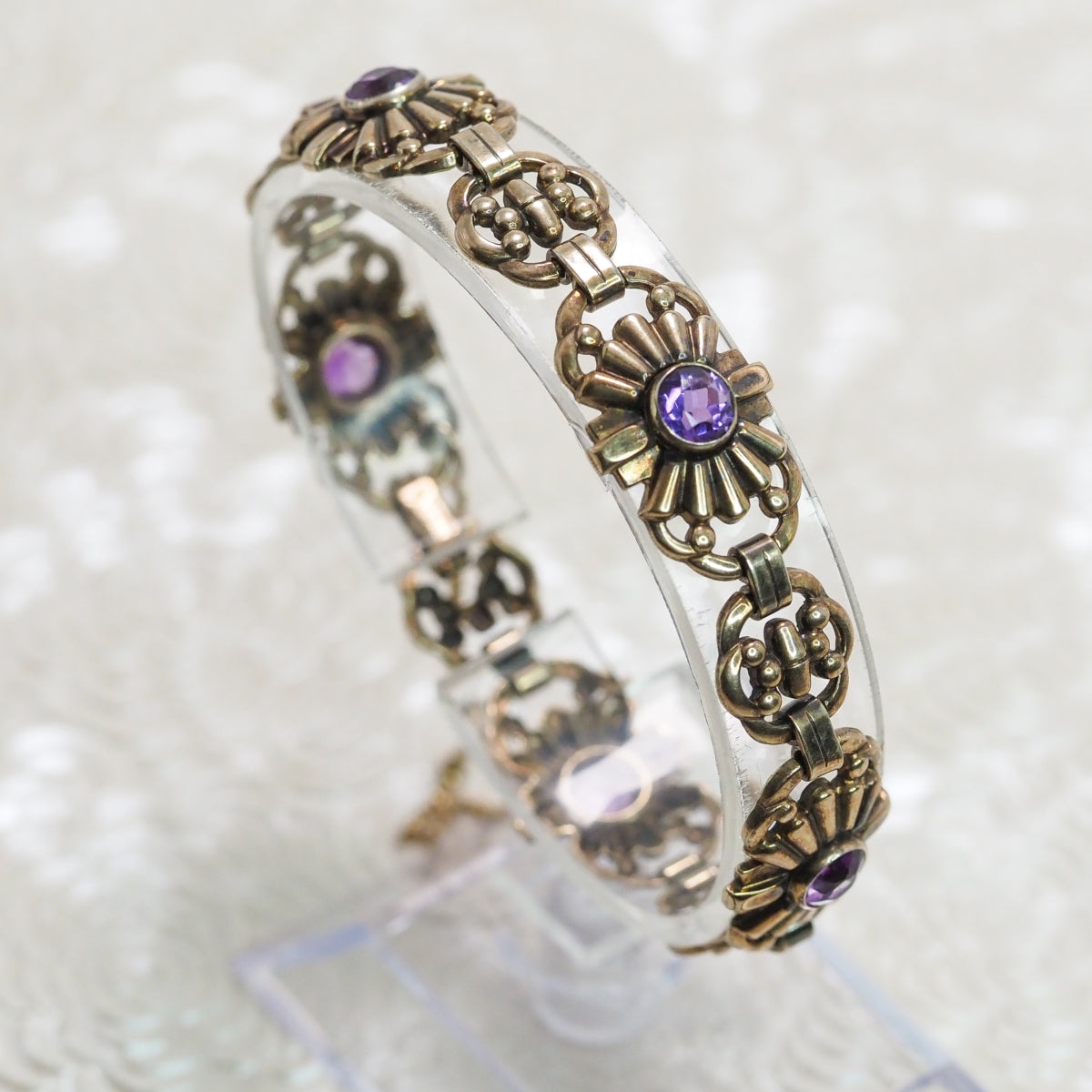 Vintage 1940s Retro Art Deco Purple Glass and Rose Gold Fill Flower Link 7" Bracelet image 2