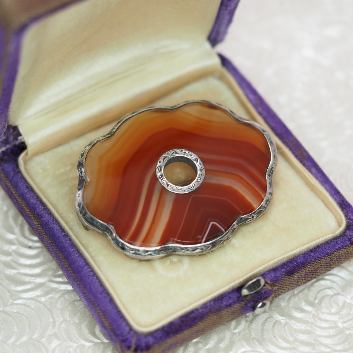 Antique 1880s Late Victorian Scottish Pebble Orange Banded Agate Silver Large Brooch image 3