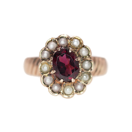 Antique 1890s Late Victorian Almandite Garnet, Seed Pearl, and 9K Yellow Gold Halo Ring Size 6.5 image 0