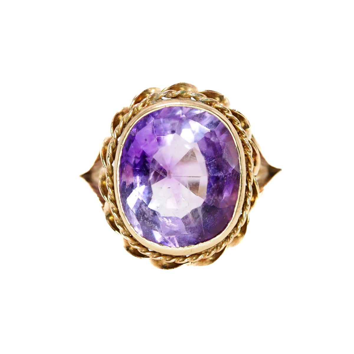 Antique 1880s Etruscan Revival Late Victorian Oval Cut 6.66ct Amethyst and 14K Yellow Gold Solitaire Ring Size 7.5 image 0